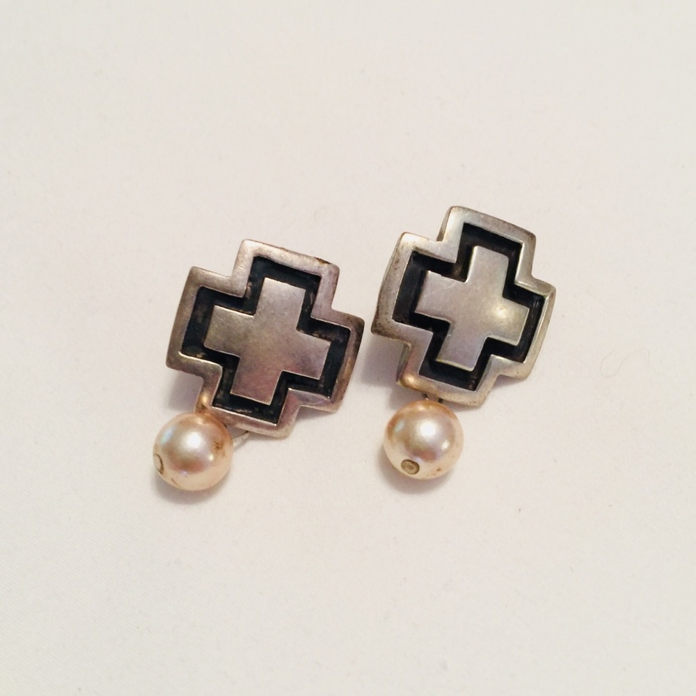 Silver Cross Pearl Dangle Earrings